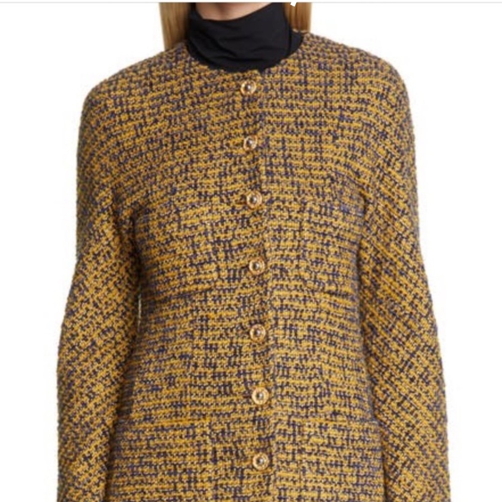 St. John Bicolored Tweed Knit Coat Womens Sz 8 Goldenrod Navy Long Coat 2400.00